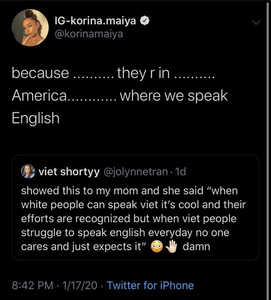 ShortyyViet's tweet photo. I think what my mom was tryna get at is that being an immigrant (especially as an adult) learning english as your second language is incredibly difficult. Lol we know where we live, this speaks to people who get frustrated or angry with others who can’t speak english fluently. https://t.co/yv0cgWlGhz
