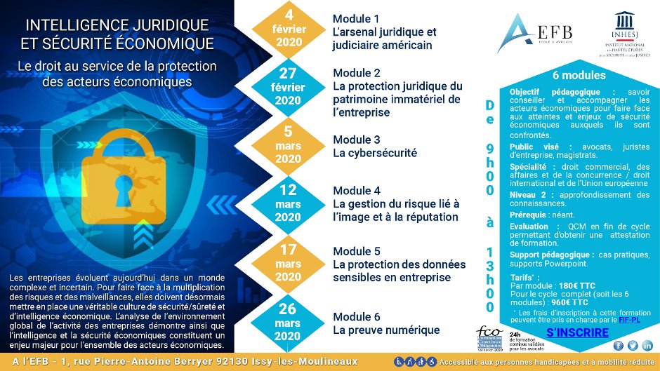 #Formation 🎓 @efbparis et INHESJ sur les enjeux juridiques de l’intelligence et de la sécurité économiques.

👩‍⚖️👨‍⚖️ Publics : avocats, juristes d'entreprise et magistrats
📋 6 modules d'1/2 journée
📅 Du 4/2 au 26/3
📌 À l'EFB
✅ Infos et inscriptions : evenium.net/ng/person/even…