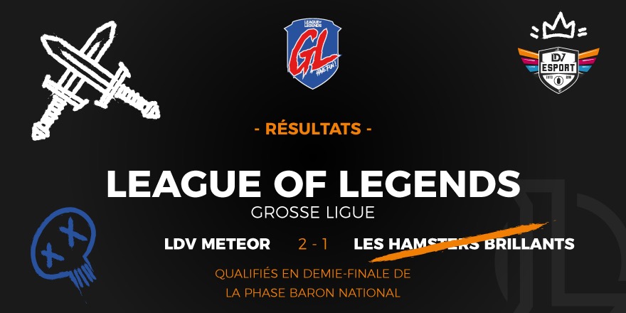 LDVEsport's tweet photo. [GROSSE LIGUE]
Notre équipe #LdvMeteor est sorti victorieuse de leur quart de finale contre #LesHamstersBrillants lundi soir !! 😍
Ils passent donc en demie-finale de la phase Baron National , gg a eux ! 👊
#LDVWIN https://t.co/feAUuaDDAr