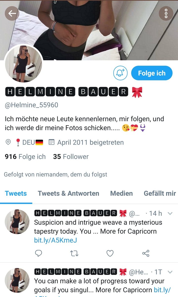 HWatchbot's tweet photo. Ich hatte euch schon von meiner Zuckerschnute @Anina_91276 berichtet, die jeden Tag zur selben Uhrzeit das Twitter-Horoskop tweetet. Seit dem 1. November, dem Tag an dem ihr die vorzeigbaren Bilder ausgingen.
Das gleiche Schicksal wie @Helmine_55960. So traurig! 💔
#LoveBotWG https://t.co/VTLZkCLhZT