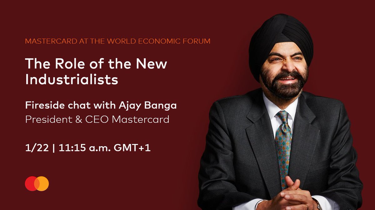 MastercardEU's tweet photo. Starting soon, Ajay Banga joins @satyanadella and Hillary Cottam for a #WEF20 conversation about how the pioneers of the fourth industrial revolution are shaping society here:  https://t.co/3wVyeLsfgx #Davos2020 #MastercardWEF #InnovatetoInclude https://t.co/KSEzH7ZOiJ