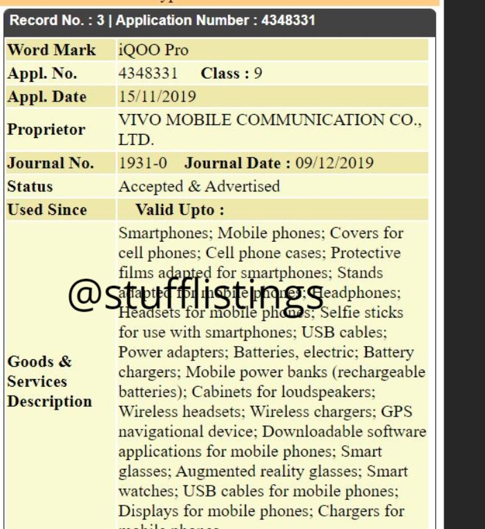 stufflistings's tweet photo. IQOO series coming up in India. The following models have got trademarked - IQOO, IQOO NEO, IQOO Pro, and IQOO Lite.
Feel free to retweet.
#Vivo #IQOO https://t.co/mfg1mWMcEY