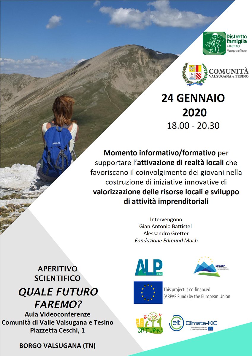 SClimatekic's tweet photo. Venerdi 24 gennaio presso la Comunità di Valle #Valsugana #Tesino grazie al progetto #ARPAF #ALPJOBS presentiamo le opportunità di #SATURNlandscape. Con particolare attenzione ai giovani. // An event for #youth involvement and generation of opportunities in rural-urban landscapes https://t.co/0d4joKpvKI