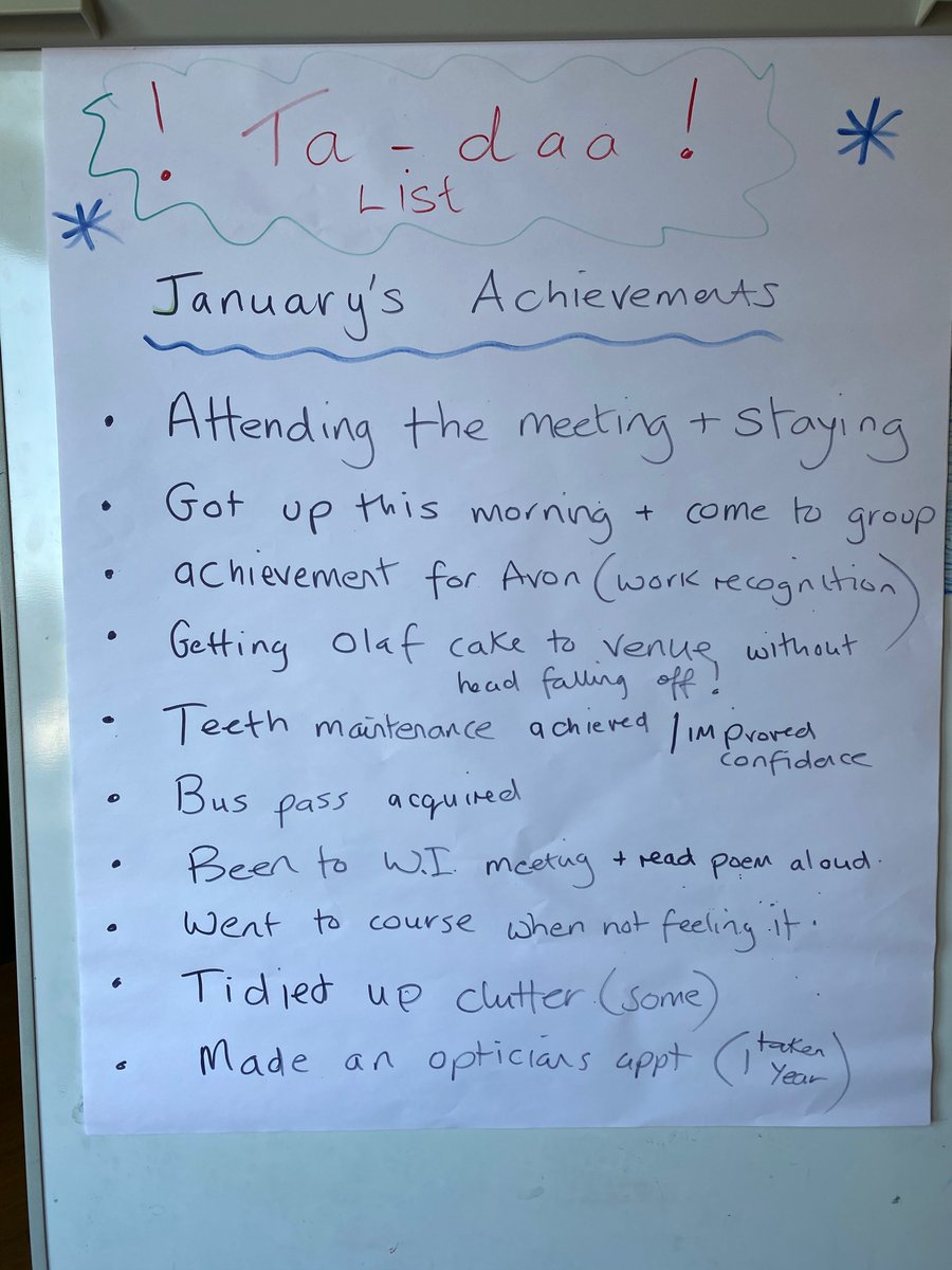 We have had 2 meetings of our Depression and Anxiety Peer Support Group for 2020 and welcome our new members. 
This week we participated in #64millionartists #thejanuarychallenge and created our Ta-da list, a positive ‘to-do list’