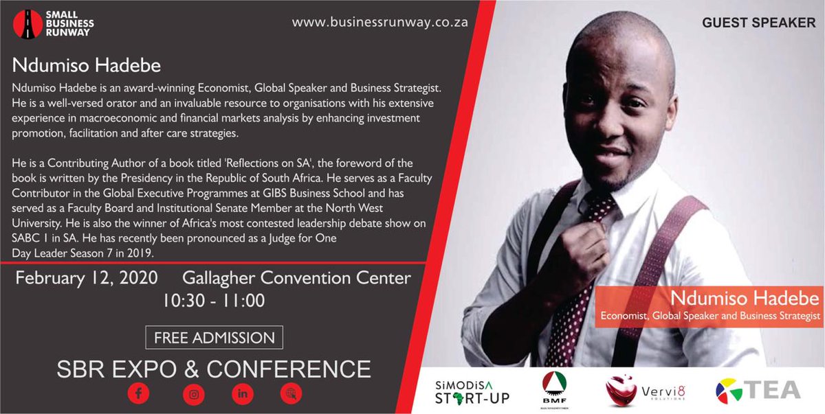 TheBrandScapers's tweet photo. We are proud to announce that one of South Africa's youngest influential and award-winning economist @NdumisoSHadebe, will be one of the main speakers at #SmallBusinessRunaway Expo
#SmallBusinessRunaway
#GlobalEconomist
#SMME. #Growth #TEA #Simodisa #BMF https://t.co/wzfxXmKaLM
