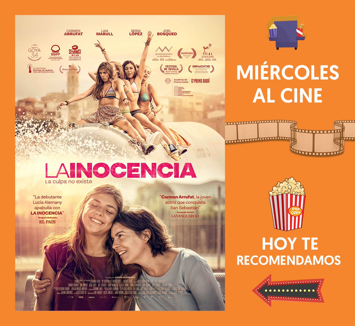 Auténtica, fresca, cautivadora. #LaInocenciaPelicula es la nueva revelación del cine español. Ganadora de un Premio #Gaudí2020 y nominada a dos Premios #Goya2020.
¡Aprovecha para verla hoy, que es #MiércolesAlCine!
🍿Salas👉 bit.ly/lainocenciacin…
#PremisGaudí #FelizMiércoles