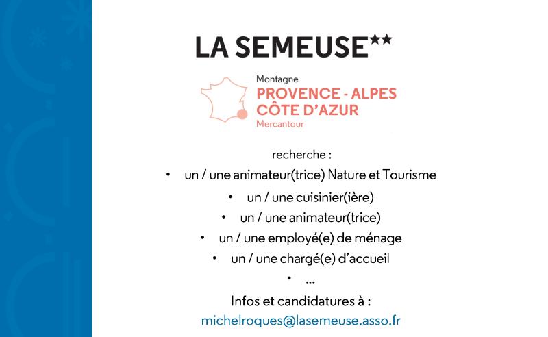 ROQUESMICHEL2's tweet photo. [OFFRES D'EMPLOI] Notre village vacances La Semeuse***, situé dans les Alpes Maritimes propose plusieurs offres d'emploi pour renforcer ses équipes sur la saison à venir (à partir de mi-avril).  
@emploi @job @villagevacances @alpesmaritimes 
@capfrance @restauration @animation https://t.co/xCNqyFuwik