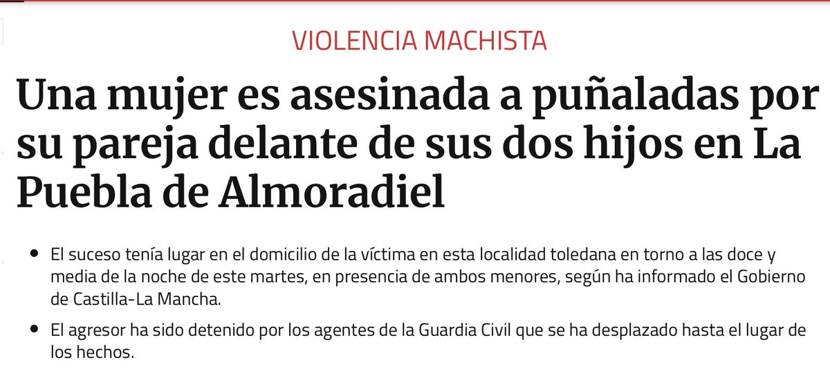 #ViolenciaMachista
Ni un puñetero día sin que algún malnacido asesine a una mujer y este, encima, delante de sus dos hijos
A ella la mata y a los niños, una parte de ellos, su inocencia y su afectividad, también
¿Cuántas nos faltan en lo que va de año?
¿Cuándo va a acabar esto?