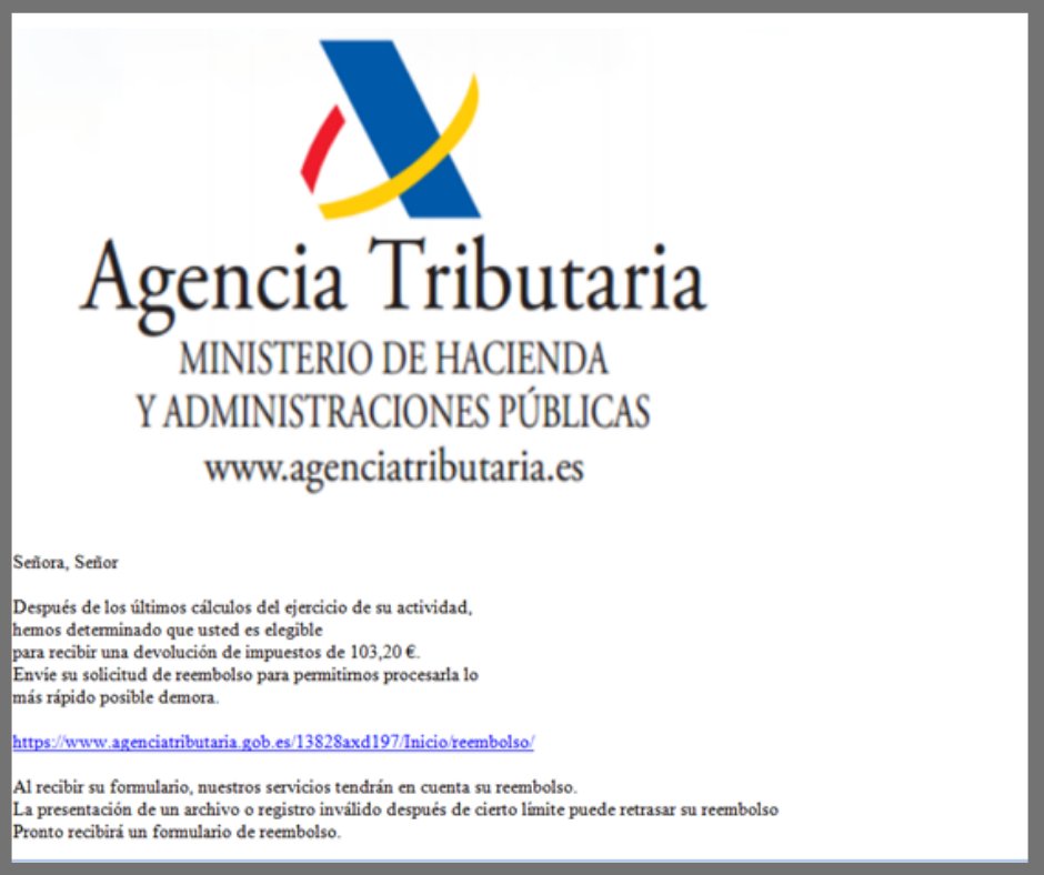 PuertoLocal092's tweet photo. AVISO de #AgenciaTributaria sobre Emails Maliciosos si recibes uno, no  abras el archivo adjunto es un fraude. Elimina. Hacienda no te va a pedir nunca datos bancarios por este medio. #Phising @Haciendagob
Comparte con tu RT 
Más información 👇
https://t.co/MmbUOdQ9Mu https://t.co/wTinC5kpPr