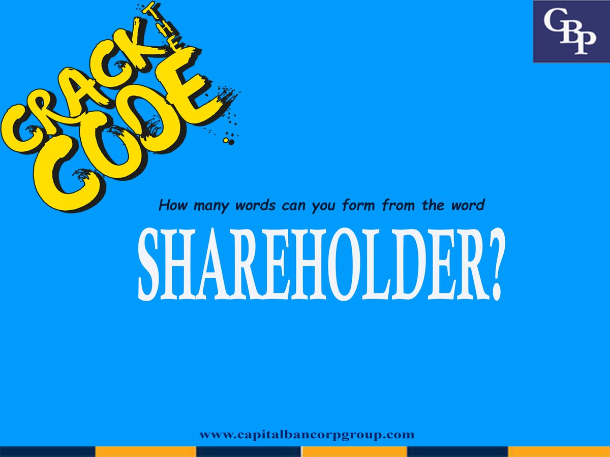 CapitalBancorp's tweet photo. How many words can you form from the word SHAREHOLDER?
Drop your comment(s) below.
#midweekteaser #crackthecode https://t.co/NmrEnD5Ylr