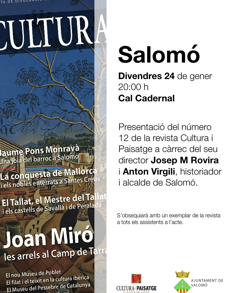 Ajunt_Salomo's tweet photo. Us esperem el proper divendres a la presentació del número 12 de la revista "Cultura i paisatge"! #CalCadernal #Salomó #BaixGaià #art #patrimoni #barroc #esglésiaSantaMaria #capelladelSantCrist https://t.co/UXwJz8WNRv