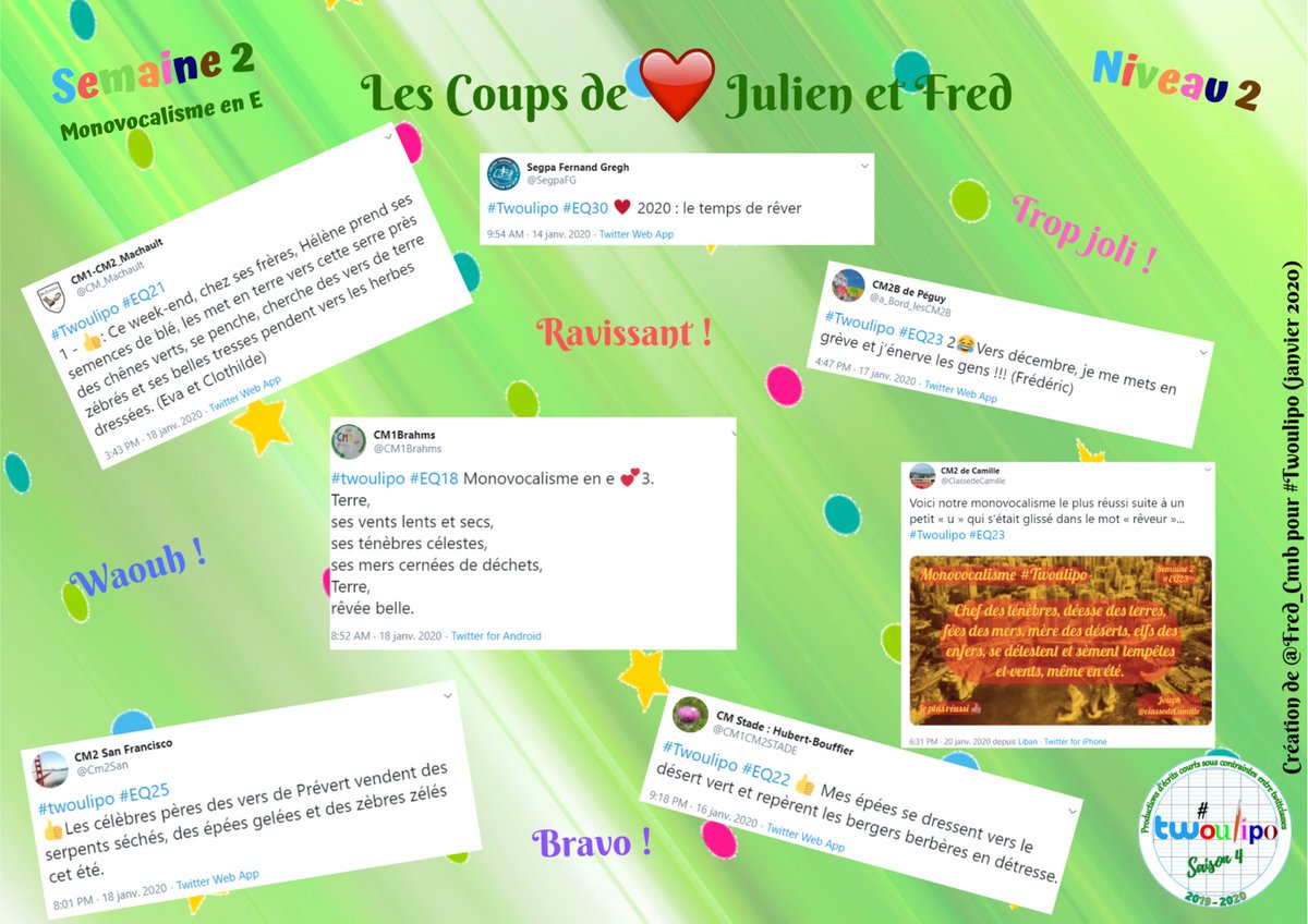 Après cette 2e semaine de créations avec de superbes monovocalismes en E, voilà le temps de nos coups de ❤️ ! #Twoulipo #Niveau2

Bravo aux classes suivantes : 👏

<a href="/a_Bord_lesCM2B/">CM2B de Péguy</a> 
<a href="/ClassedeCamille/">Classes de CM2</a> 
@CM_Machault 
<a href="/CM1Brahms/">CM1Brahms</a> 
<a href="/Cm2San/">CM2 San Francisco</a> 
<a href="/SegpaFG/">Segpa Fernand Gregh</a> 
<a href="/CM1CM2STADE/">CM Stade : Hubert-Bouffier</a>