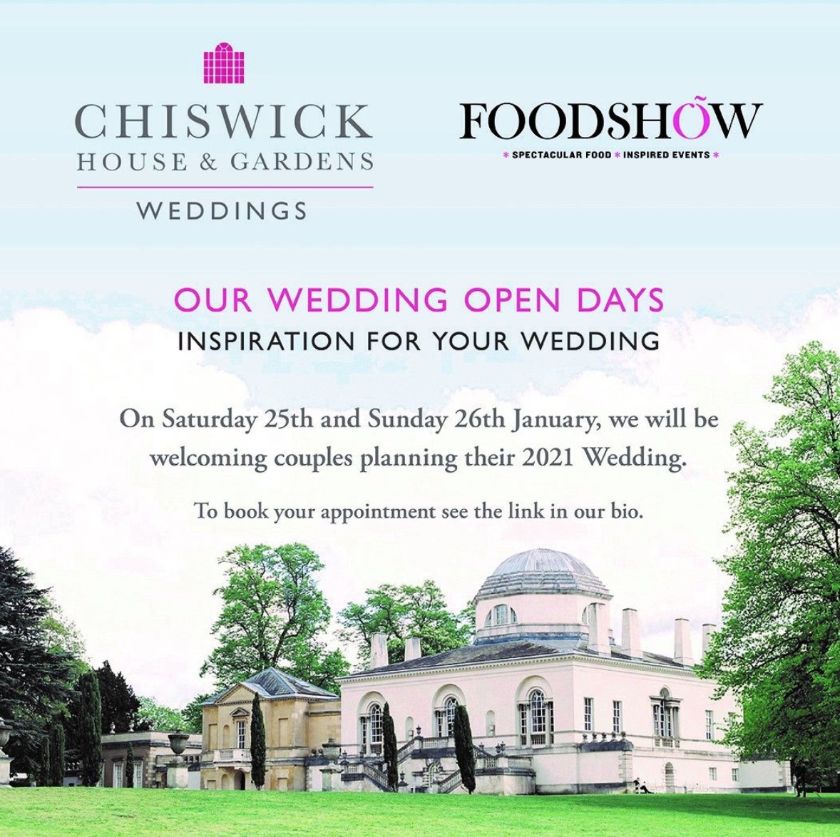 FoodShow_ltd's tweet photo. Don’t forget to register for @Chiswick_House Wedding Open Days - this weekend 🍾🎂💐🎉💗

https://t.co/aLYyvf1AyZ

#weddingWednesday #inspiration  #bride #groom #weddingvenue #eventplanner #weddingstyling https://t.co/Iz8u2XOGy9
