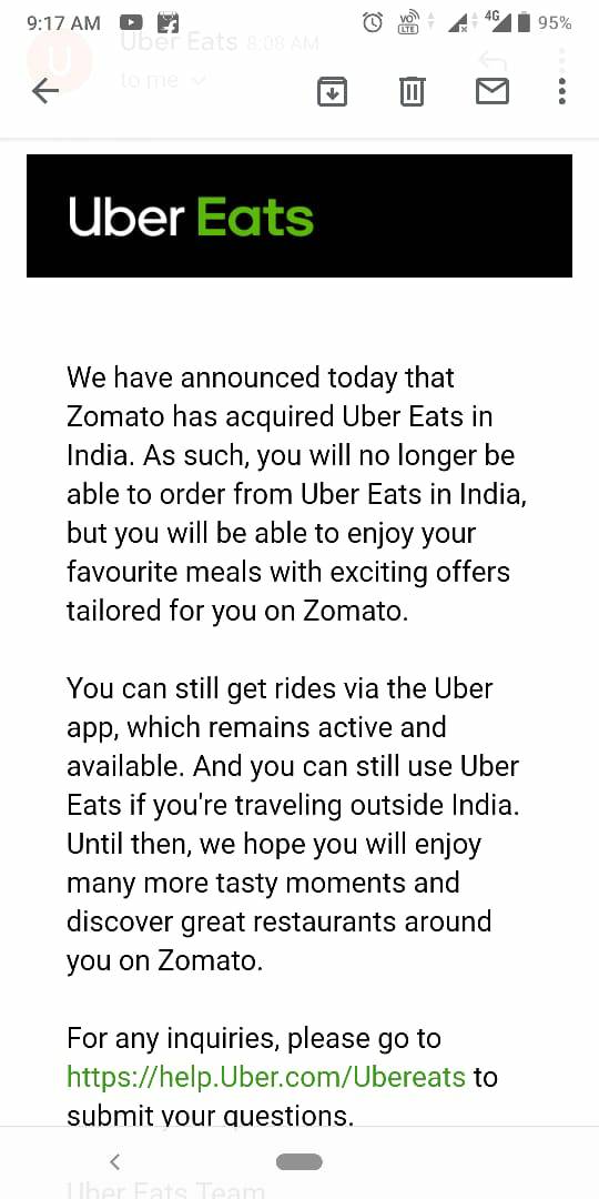 SmartyTech's tweet image. Uber Eats Gone, and Zomato acquired Uber Eats totally. But still you can use Uber to book cab rides on their App. #zomato #ubereats #ripubereats #wednesdaywisdom