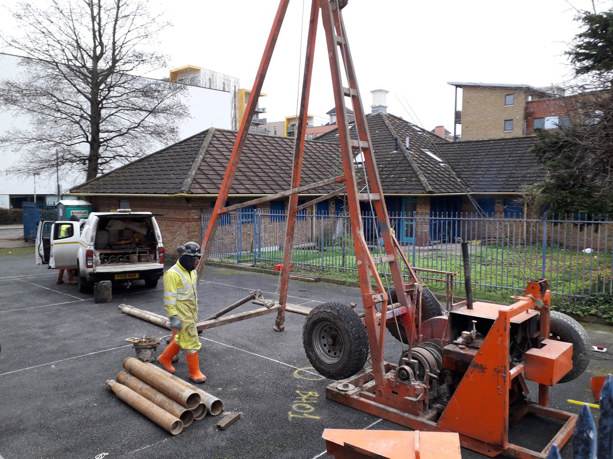 ListersGeo's tweet photo. On site this week in Central London. Seven story multi-use redevelopment, with scenes of Canary Wharf in the distance. #CablePercussiveHole #WindowSampler #GroundInvestigation #GeotechnicalConsultancy https://t.co/9urrEtxT0m