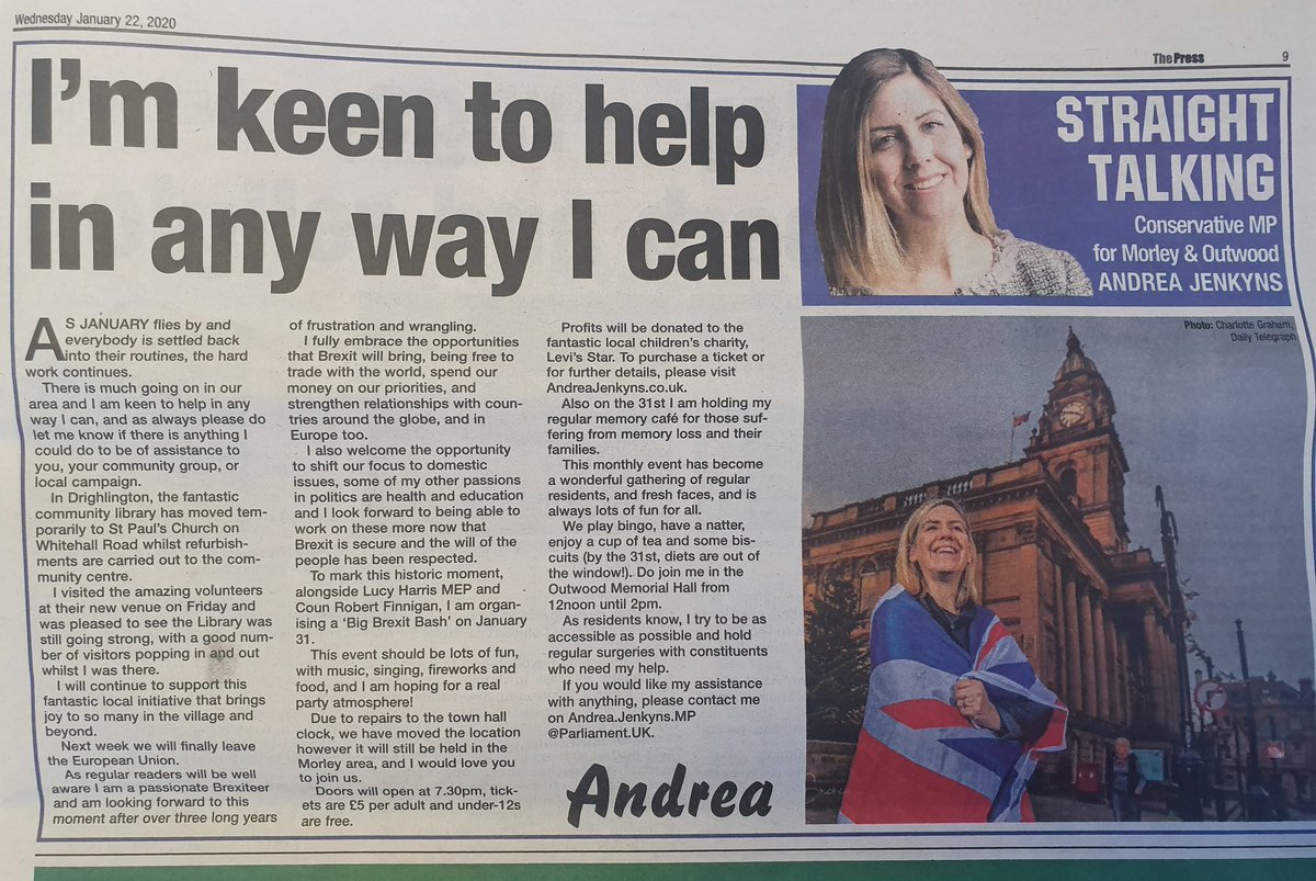 My regular column in today's <a href="/PressMorley/">Morley & District Press</a> covers #Drighlington library 📚, the #BigBrexitBash 🇬🇧, and my regular #MemoryCafe ☕

Take a look! 👇👀👇👀👇👀👇