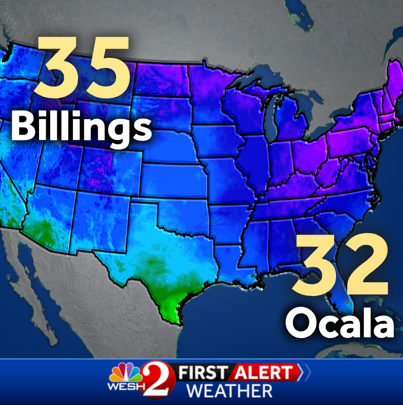 EricBurrisWX's tweet photo. Second morning in a row where temps here in Central Florida are COLDER than Billings, Montana!

Let that sink in! https://t.co/8RI2WzevGz
