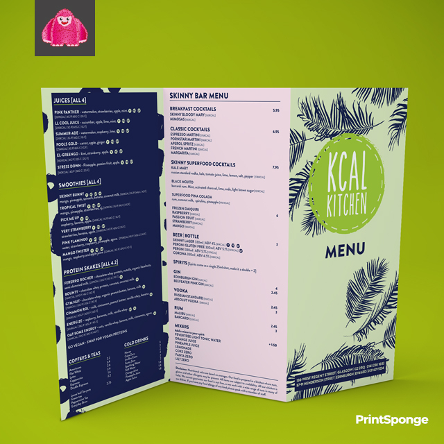 PrintSponge's tweet image. #menudesign - new look menu for Kcal Kitchen - Edinburgh and Glasgow branches. We also created massive wall mounted panels for customers to see whats on the menu - Get in touch with us today to see if we can develop your brand into 2020 ❤️ #leithprinters #edinburgh #designers