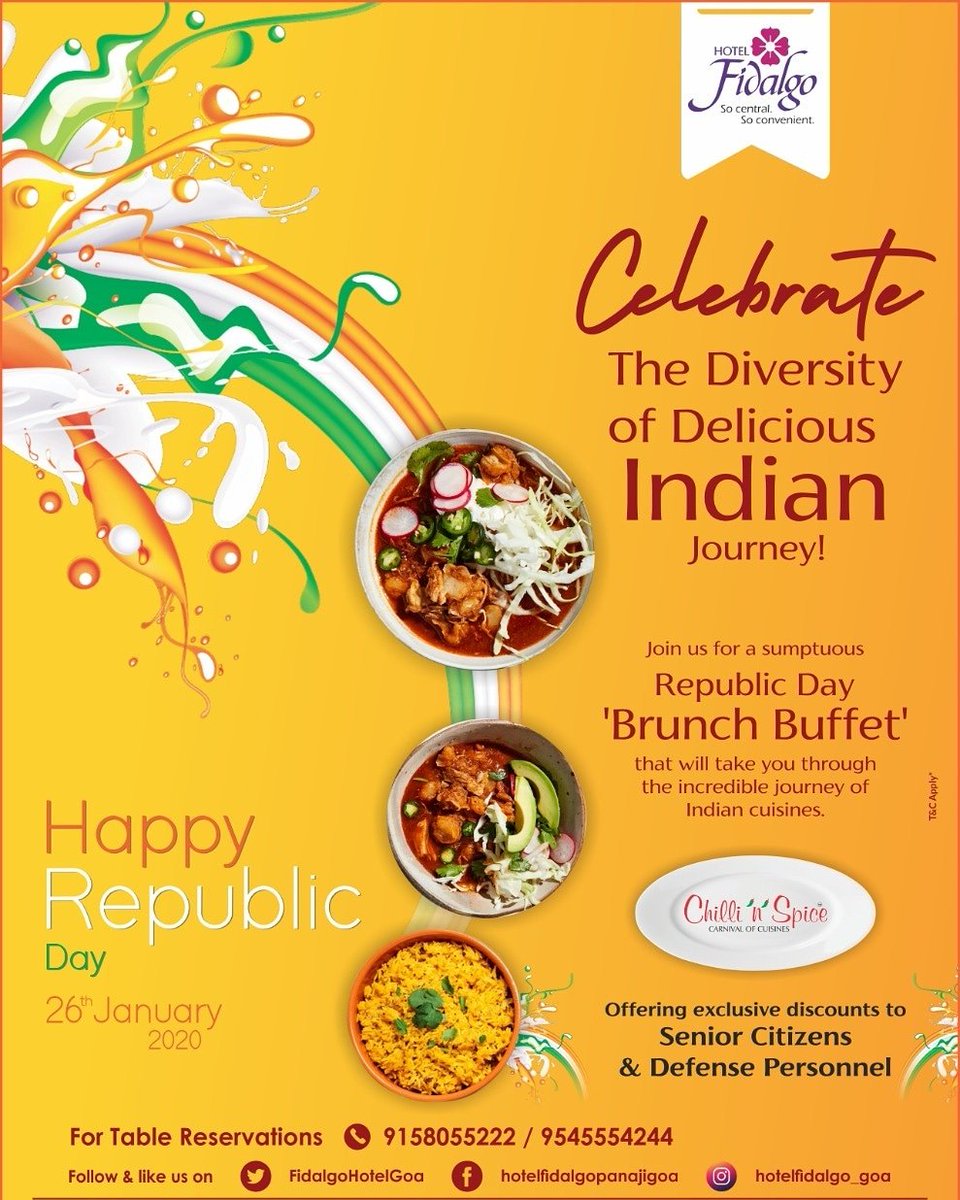 FidalgoHotelGoa's tweet image. Celebrate the spirit of Patriotism this Sunday at our Republic Day Special Brunch Buffet. 
For more details call :9158055222, 9545554244.

#hotelfidalgo #panaji #goa #republicdaybrunch #sundaybrunch #buffetlunch #patriotism #indiancuisine