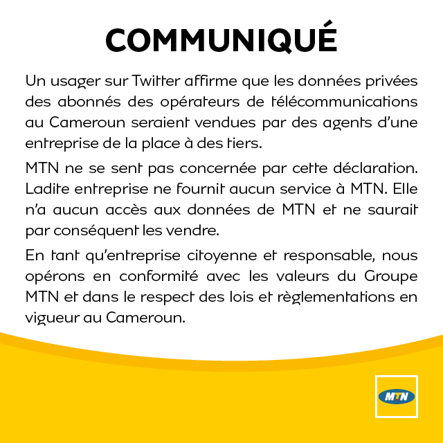MTNCameroon's tweet photo. A propos des données privées des abonnés des opérateurs de télécommunications au Cameroun qui seraient vendues par des agents d’une entreprise de la place... https://t.co/ek0XdWbn2W