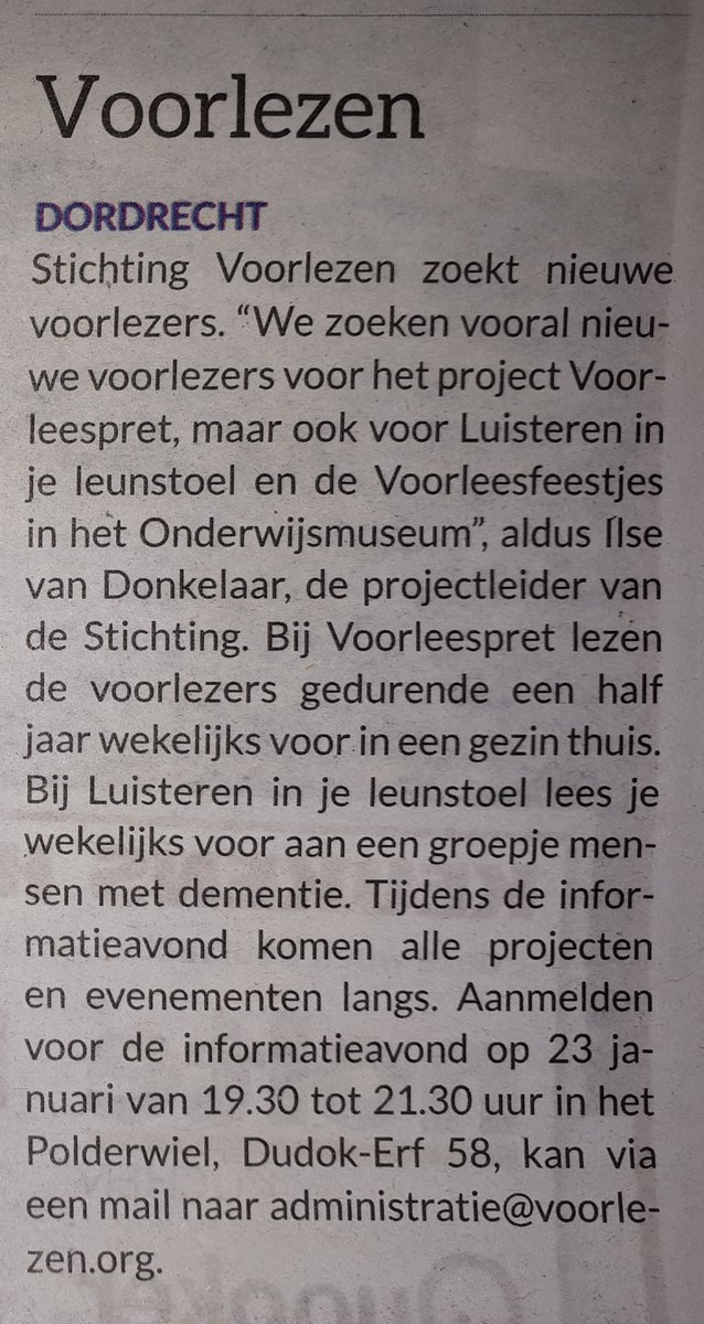 Stichting Voorlezen zoekt voorlezers. Vind jij voorlezen leuk? Kom naar de infoavond op 23 januari in Het Polderwiel van het Spectrum in Dordrecht. Aanvangst: 19.30 uur. Aanmelden graag: stuur mail naar administratie@voorlezen.org