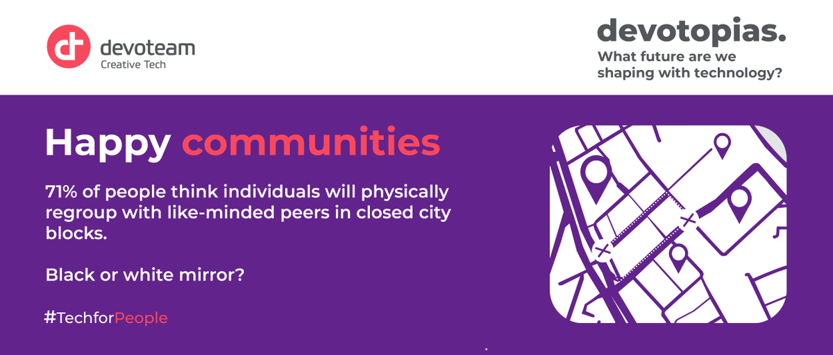 Devoteam's tweet photo. [ #DEVOTOPIAS ] Will we physically regroup with like-minded peers in closed city blocks just like we do on the web? 71% of Devotopias respondents think so and clearly stress this as negative. Read more ⏩https://t.co/fpBk9dxL3G
#nextdecade #2020 #TechForPeople #Devoteam #people https://t.co/L8sOmqVeHz
