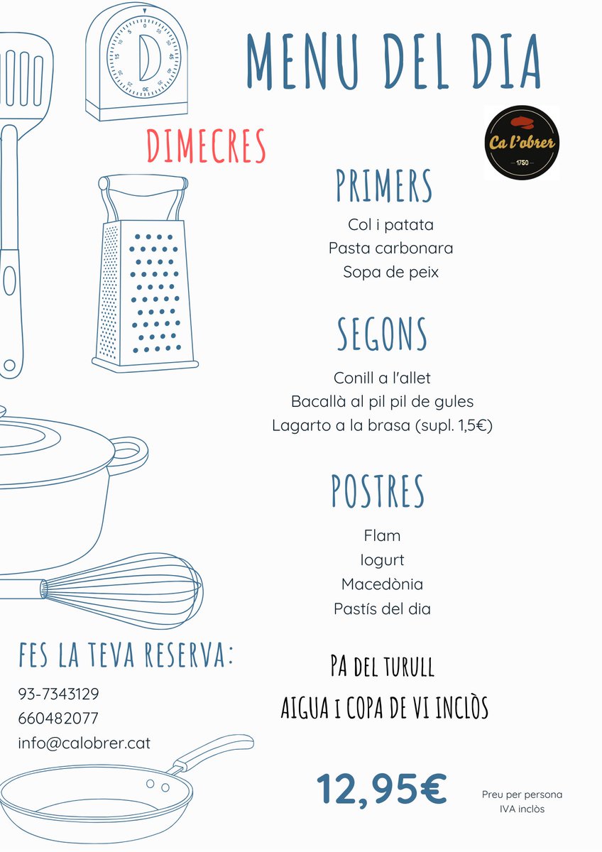 calobrer's tweet photo. Aquí teniu els dos menús de migdia que trobareu avui a Ca l'obrer! 👌🏻 El #menú del dia de cuina de mercat habitual i el menú Can Felip Neri, amb platillos per compartir, cuina de temporada i postres casolanes. 😉

#restaurant #calobrer #Terrassacentre https://t.co/e1a9dpFFoD