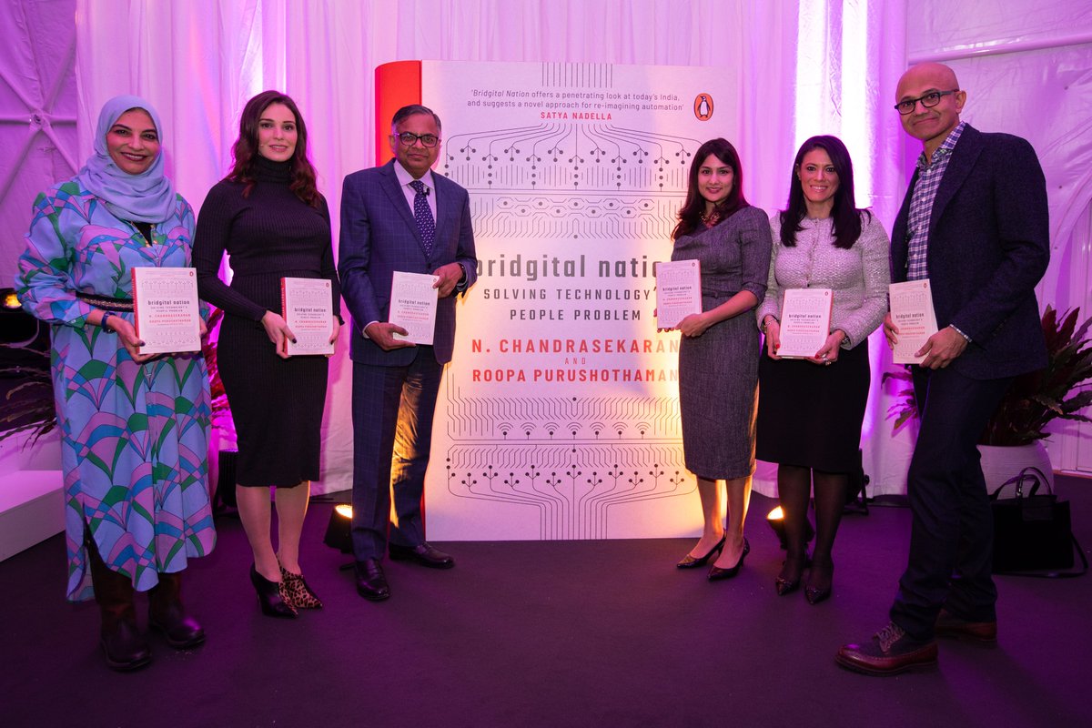 At #WEF20, Chairman N. Chandrasekaran launched his book #BridgitalNation, co-authored by Roopa Purushothaman. He was joined by Joumanna Bercetche, Satya Nadella, Hayat Sindi & Dr. Rania Al-Mahshat to discuss a global perspective on how technology can be a force for good. #Davos