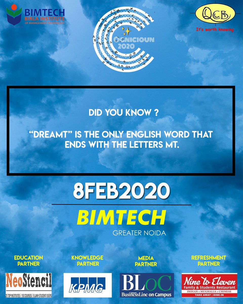 QcbBimtech's tweet photo. The time for North India's biggest Business Quiz is near. So here is an interesting fact!
Don't forget to register yourself for Cognicioun 2020:
https://t.co/ulzcdc0jow
https://t.co/yFExxrYWt2
#cognicioun2k20 #excitingprizes #Sabsebadaquiz #Bequrious #QCB #BIMTECHNoida https://t.co/5VWwXXKSnF
