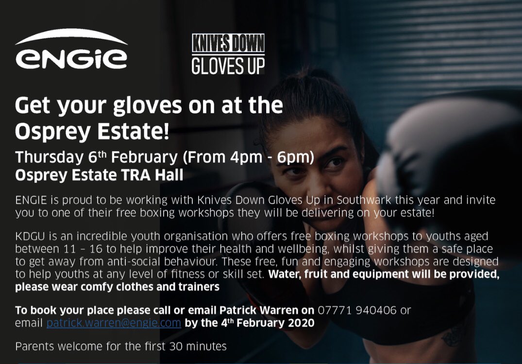 **WE ARE COMING TO SOUTHWARK** With the support of @ENGIE_UK we will be providing FREE boxing lessons to the young people of the Osprey Estate. For more information contact patrick.warren@engie.com — — #Engie #OspreyEstate #Southwark #KnivesDownGlovesUp #OffTheStreets #Boxing