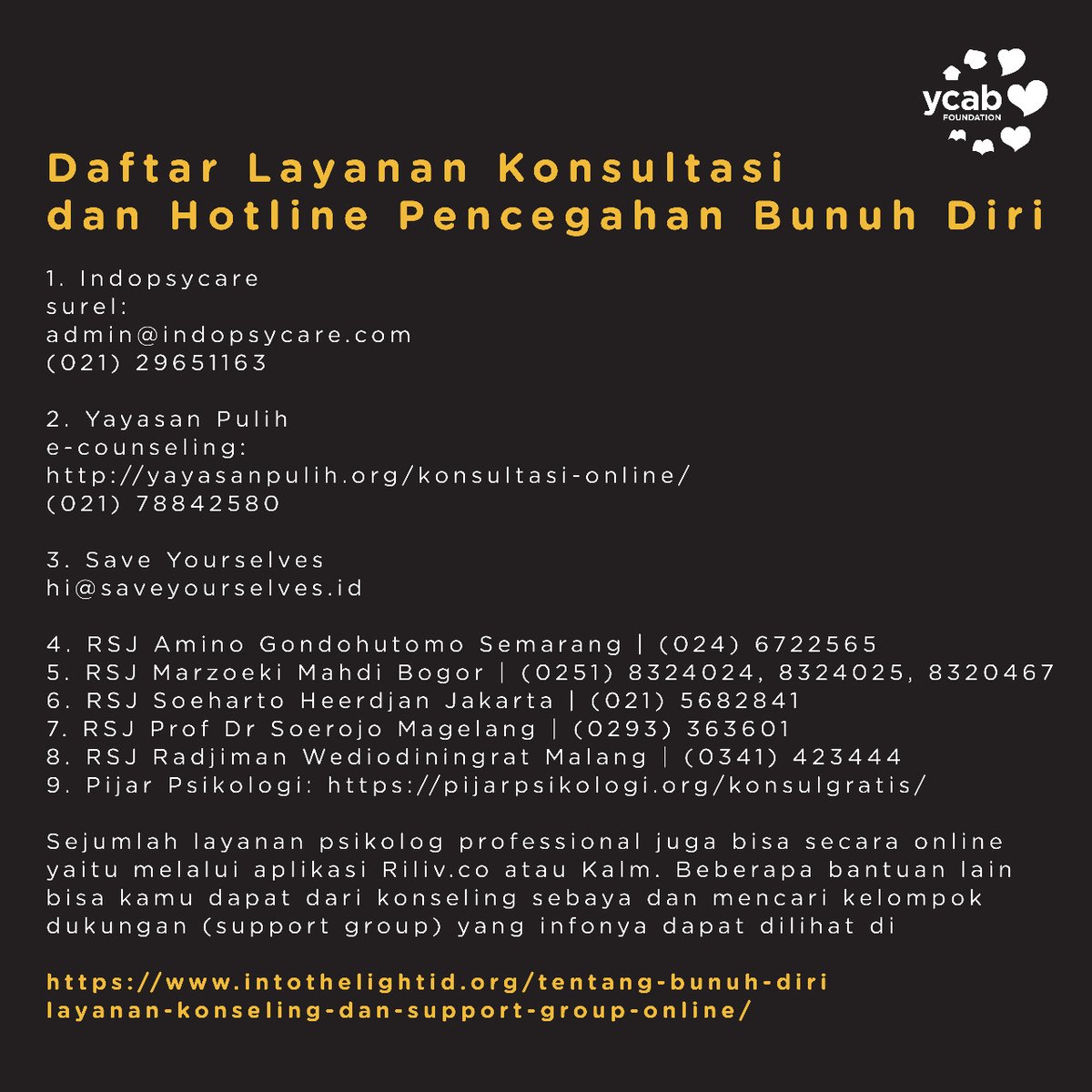 ycabfoundation's tweet image. Kita juga bisa menghubungi hotline saat mengalami serangan depresi yang cukup berat.

Percayalah kamu tidak sendirian.

#ycabfoundation #ycabperpetual #mentalhealth #kesehatanmentalremaja