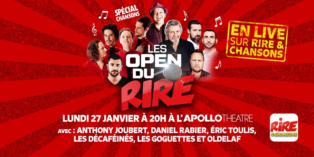 rirechansons's tweet photo. Prochain #opendurire Lundi 27 Janvier👍à l'@APOLLOTHEATRE75 et en live à 20h sur @rirechansons avec😂@Les_Goguettes @ANTHONYJOUBERT2 @LesDecafeines @oldelaf #danielrabier @ERICTOULIS 👏👏Cliquez pour réserver▶️ https://t.co/5Vd8H6yX2A https://t.co/28i04HeBjq