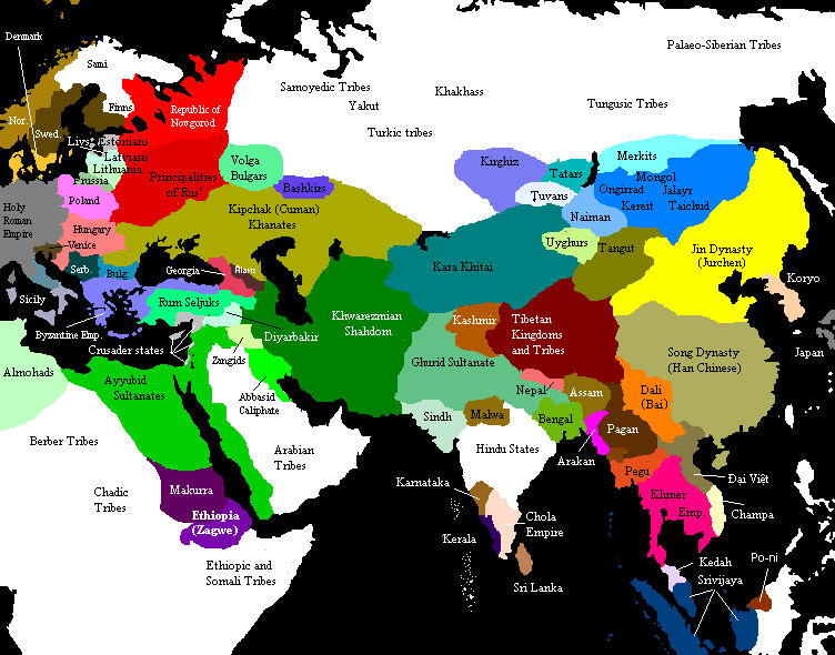 Eurasia c. 1200, on the eve of the Mongol invasions.The Ayyubid Empire (Sunni Kurds), the Ghurid Sultanate (Sunni Tajiks) and the Khwarezmshah Empire (Persianized Turks), were the strongest political entities in the Islamic world.