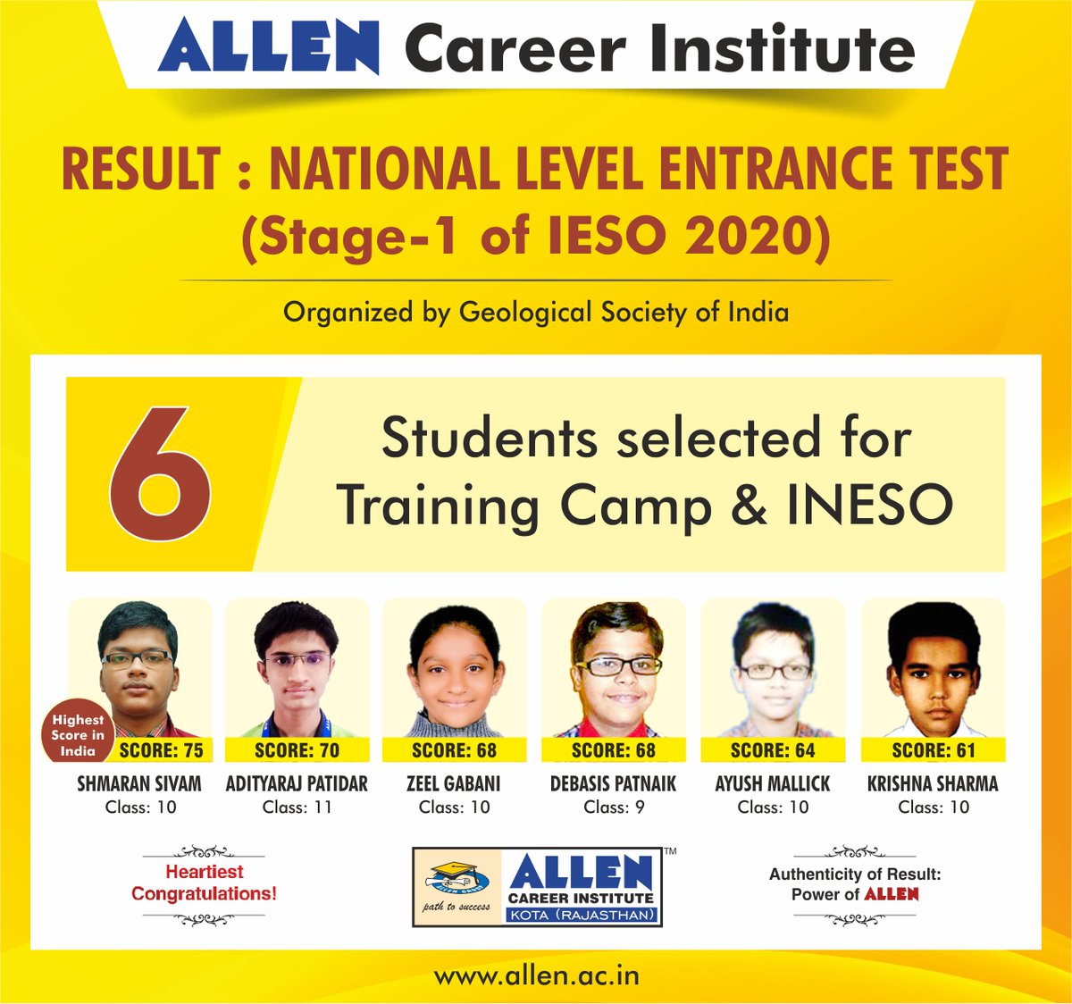 ALLENkota's tweet photo. 📢 ALLEN Result: National Level Entrance Test (Stage-1 of IESO 2020)
✌️ 6 Students Selected for Training Camp & INESO
💐 Heartiest Congratulations!
#AllenKota #KotaCoaching #INESO #IESO2020 https://t.co/2o59NSJaDW