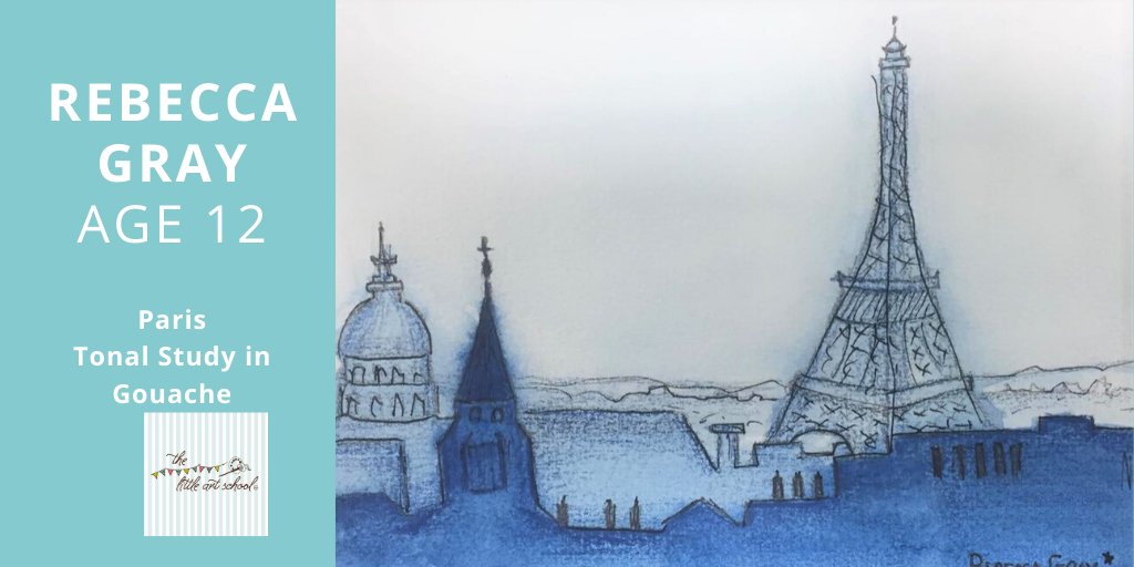 LittleArtSchool's tweet photo. This is a lovely painting of the Paris Skyline by 12 year old Rebecca Gray. Wonderful drawing and a really skilled use of gouache. Rebecca has painted the areas closer to us in darker tones, with the areas further away painted more lightly #artclassforkids #webuildselfesteem https://t.co/oLp2kd2Ujh