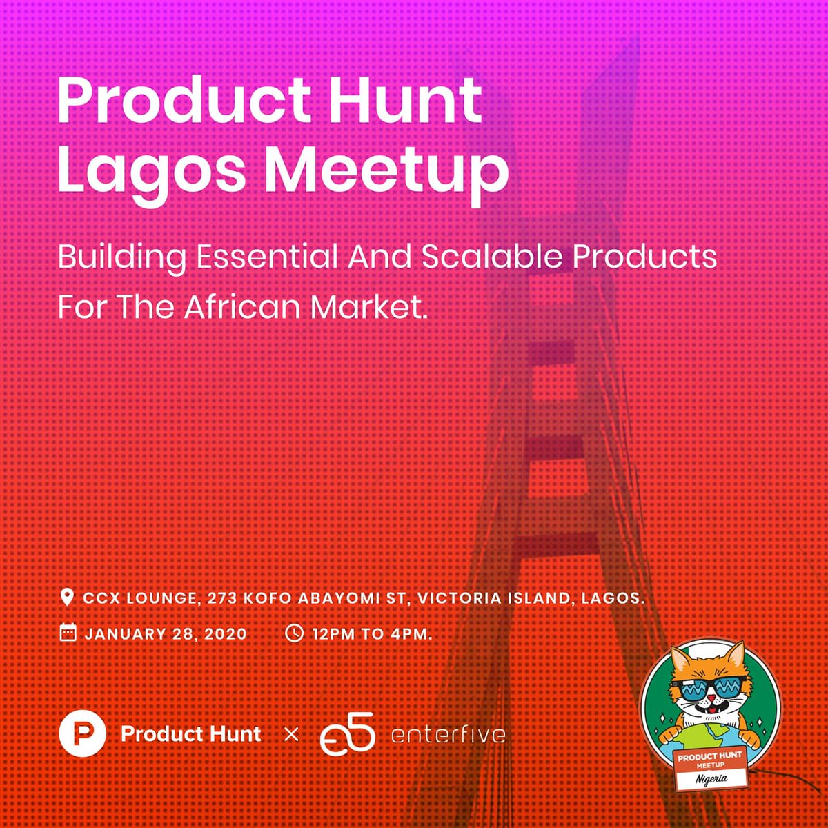 enter5ive's tweet photo. Celebrating the makers in Africa!

Pleased to announce we will be hosting the @producthunt Lagos Meetup on Tuesday, 28th of January2020 at @ccxlagos 273 Kofo Abayomi Street Victoria Island. 

#ProductHuntLagosMeetup 
#Producthuntmeetup
#Africaisdigital
#tellafriend https://t.co/WeI9OUJ1XM