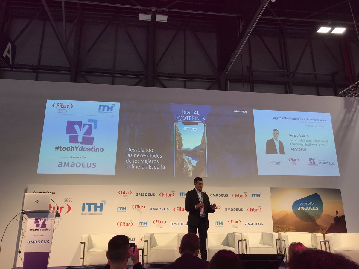 Sergio Vargas <a href="/AmadeusITGroup/">Amadeus</a> up on stage at #FITUR2020 revealing how Spanish travelers shop online with #digitalfootprints report findings #OnlineTravelAgencies