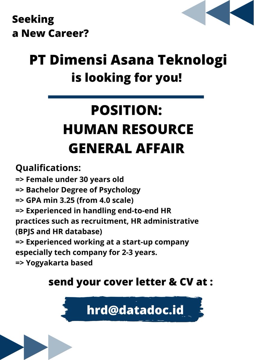 hasnauzza's tweet photo. #jogjalowker HRGA | Full time | ce, umur max 30, S1 psikologi, 2 tahun, pernah bekerja di startup, mergangsan Jogja @JogjaLowKer https://t.co/8svewvvMBO