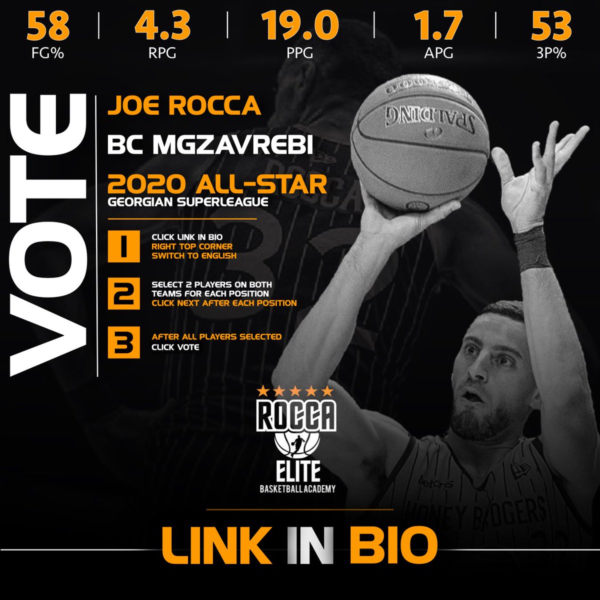 Roccabasketball's tweet photo. Joe Rocca @joerocca32 has been nominated for the Georgian Superleague All-Star game. To cast your vote click the link below and let’s get him to the game! 
—————
https://t.co/T5CjKRZOKB https://t.co/zle4oW56KP