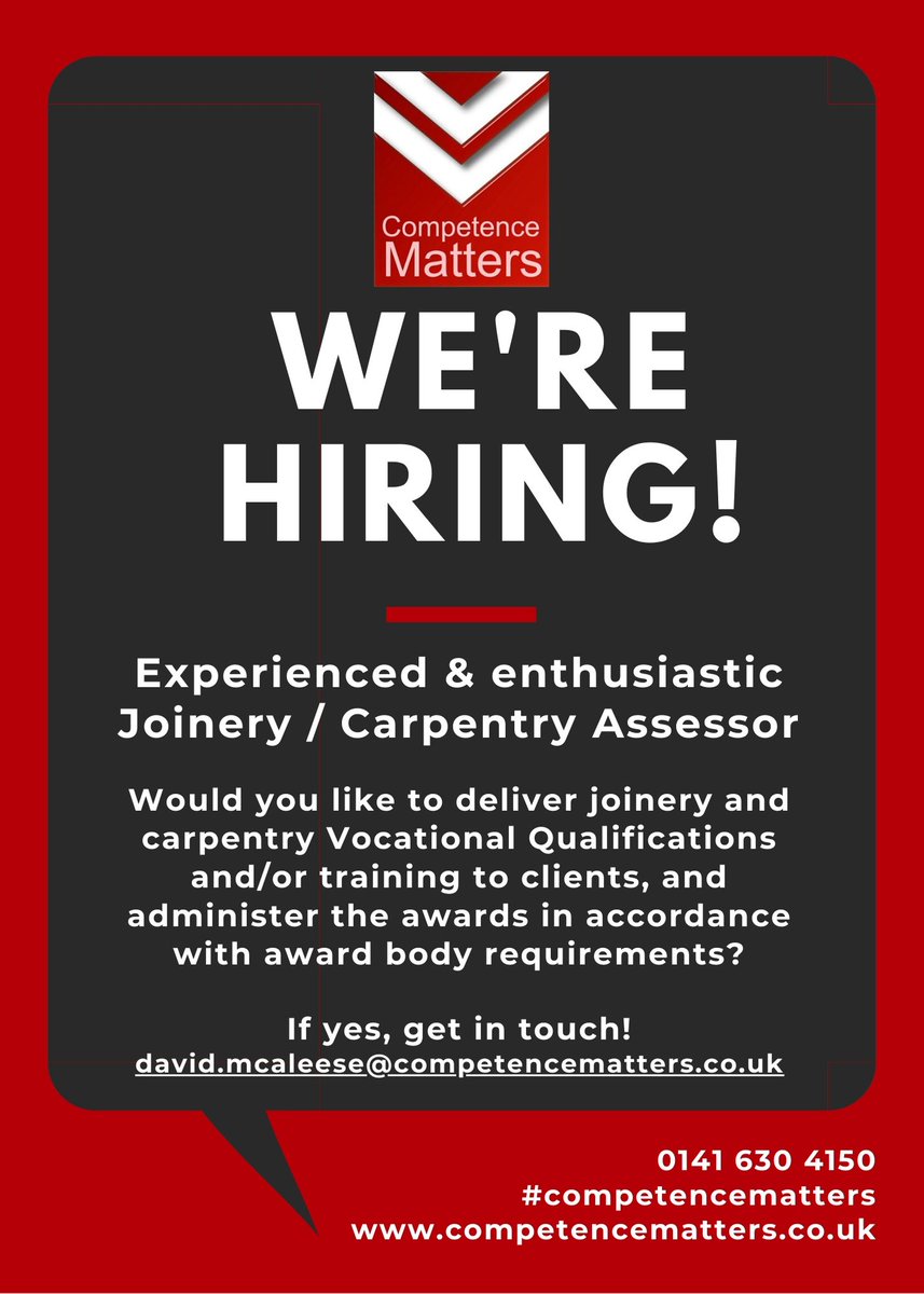 CompetenceMatte's tweet photo. Start your career with Competence Matters!

Send us your CV to david.mcaleese@competencematters.co.uk

Share &amp; help us find the best candidate for this role!

#competencematters #constructiontraining #construction #joinery #carpentary #constructionjobs #recruitment #assessor https://t.co/pkMIySwOhf