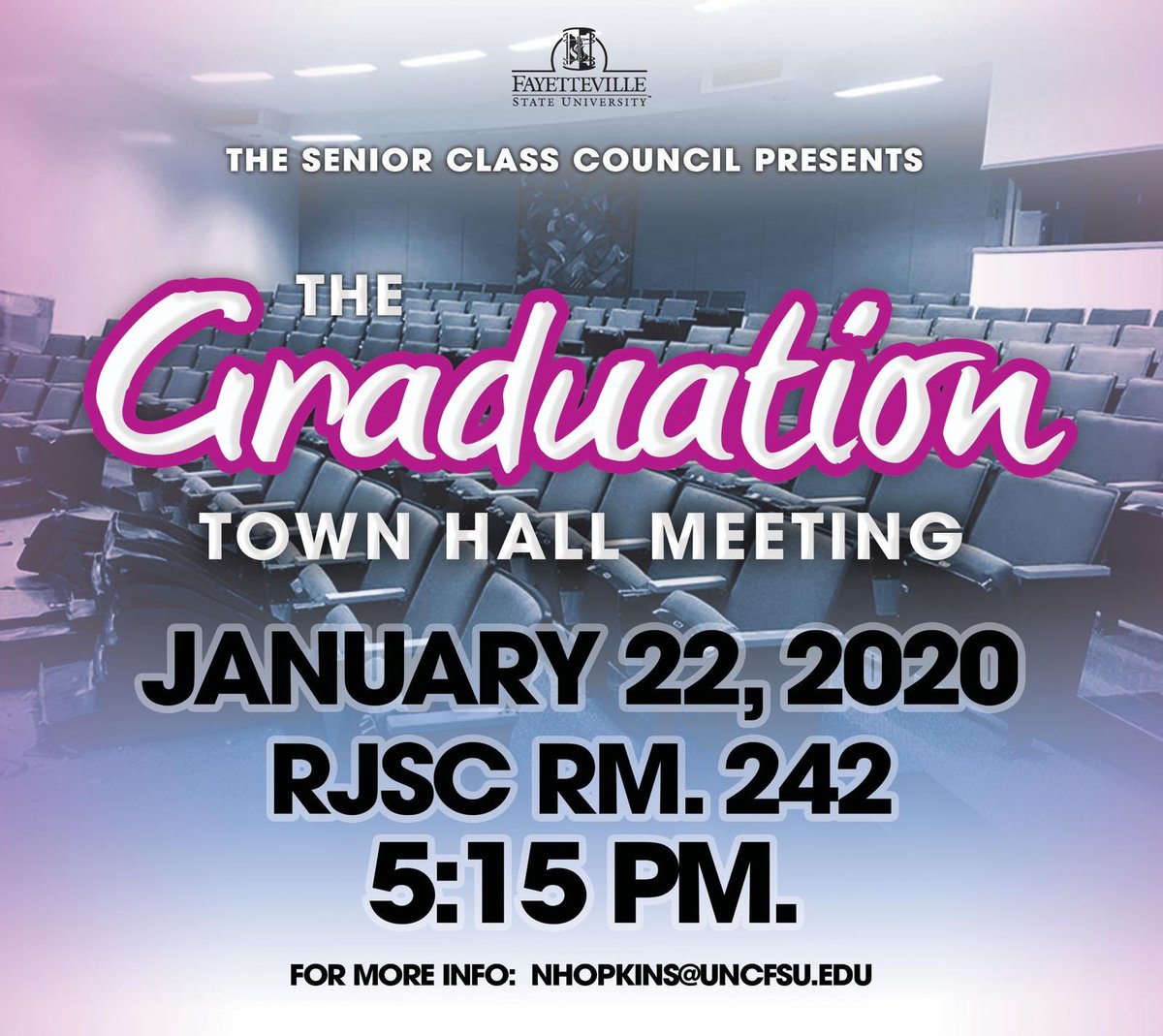 FayStateSGA's tweet photo. Calling all SENIORS!!! Come out today for our Graduation Town Hall!!! https://t.co/1OWOl18JEv