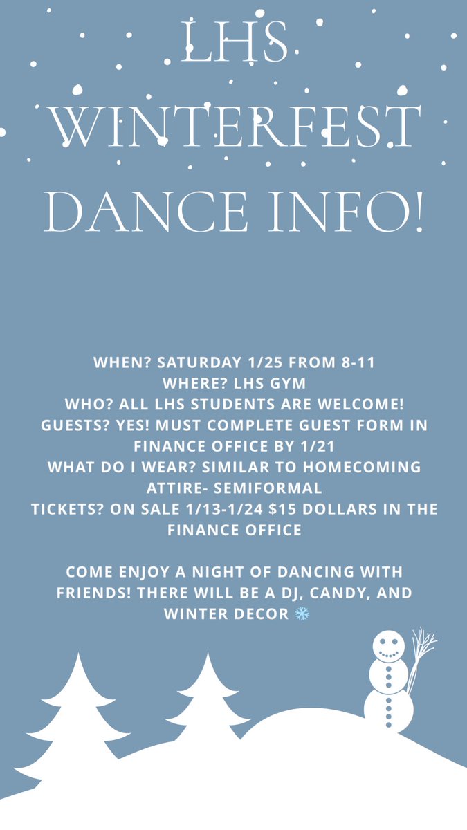 LHS_Eagles_SCA's tweet photo. ❄❄WINTERFEST DANCE❄❄

📅This Saturday Jan 25
🕖8pm to 11pm
💰$15 tickets in finance!

Make sure to get your ticket 🎟 and dancing shoes ready for a fun evening! 💃 https://t.co/6lsB77BkPa