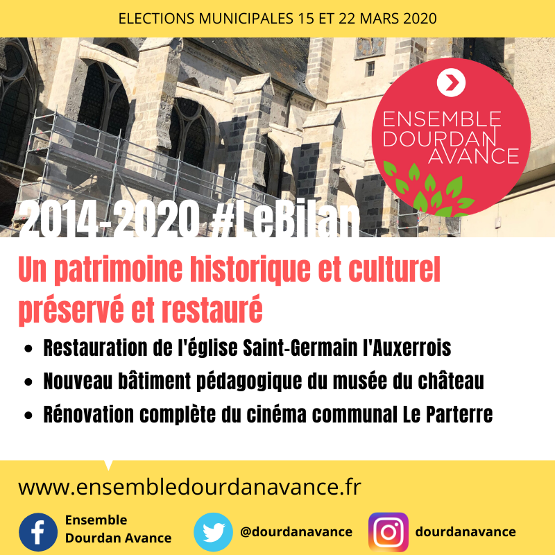DourdanAvance's tweet photo. #LeBilan | Restauration de l'église, rénovation complète du cinéma, nouvel équipement pour le musée du château. Notre patrimoine historique et culturel, on y tient (et on s'en occupe bien) : https://t.co/9lgrxBeXMY
#Municipales2020 #Dourdan #Essonne https://t.co/uSTmSAehY0