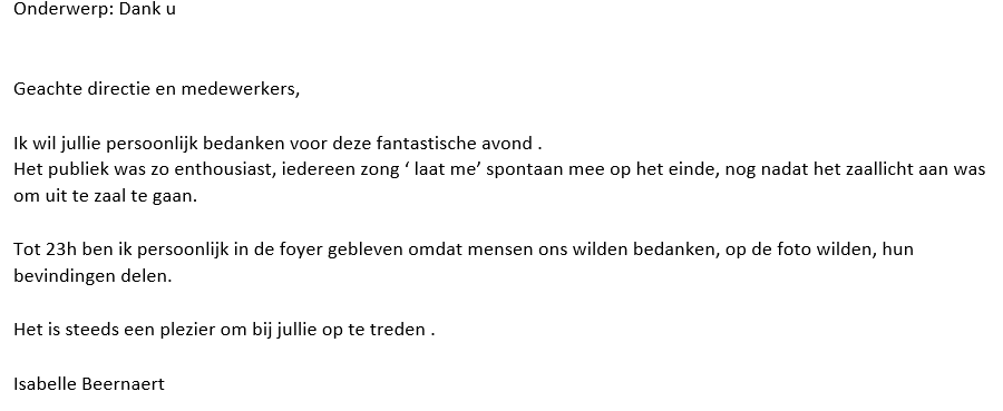 EventsZT's tweet image. Kijk, dat is ook nog eens leuk. Een theatergezelschap dat het publiek en het theater bedankt. #fijnewereld @Isa_Beernaert
Belgische choreografe en theaterproducente. Ze staat nog op verschillende plekken in NL met de voorstelling “Laat me”. Boek je tickets bit.ly/2RIpSBc