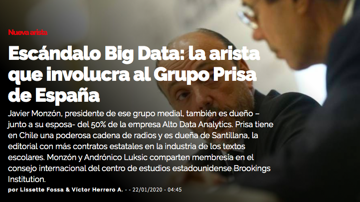 InterferenciaCL's tweet photo. Javier Monzón, presidente del grupo, también es dueño –junto a su esposa- del 50% de la empresa Alto Data Analytics. Prisa tiene en Chile una poderosa cadena de radios y es dueña de Santillana, la editorial con más contratos estatales por textos escolares. https://t.co/ttfsIboIp7 https://t.co/Uv4pBGRqlu