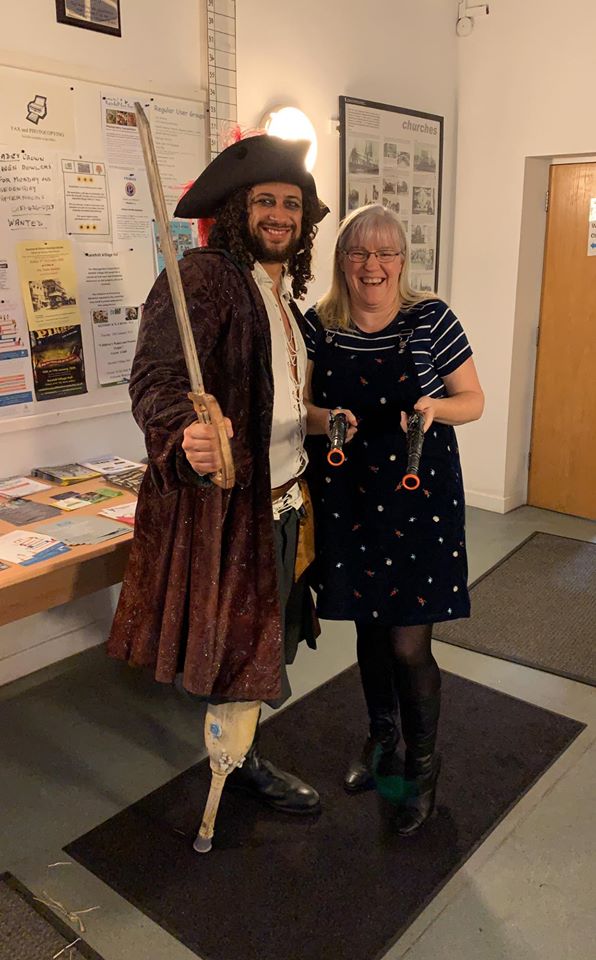 PaceRehab's tweet photo. This is why we arrrghh the best! Julie from Bredbury, at Rainhill Muscial Theatre @JohnnyHorley is the production manager of this hilarious panto! Our clinical and workshop team provided a wooden leg for Matt (pirate) https://t.co/MSIYHiqpPd