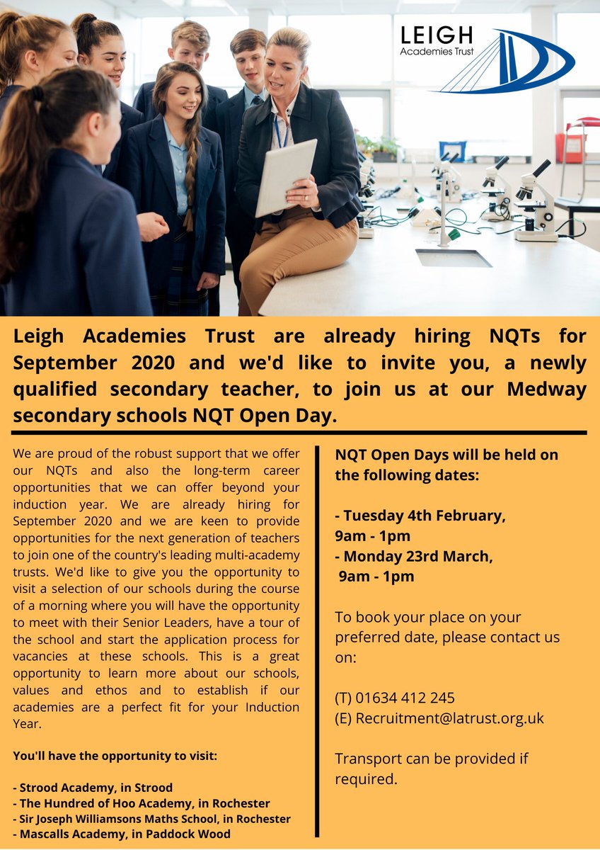 lat_careers's tweet photo. Leigh Academies Trust are already hiring NQTs to join our fantastic schools in September 2020. Interested in finding out more?
We would like to invite you to join us at one of our Medway secondary schools NQT Open Days...
#NQT #NQTs #Traineeteacher #Inductionyear #Medway https://t.co/kog7gSCGJt