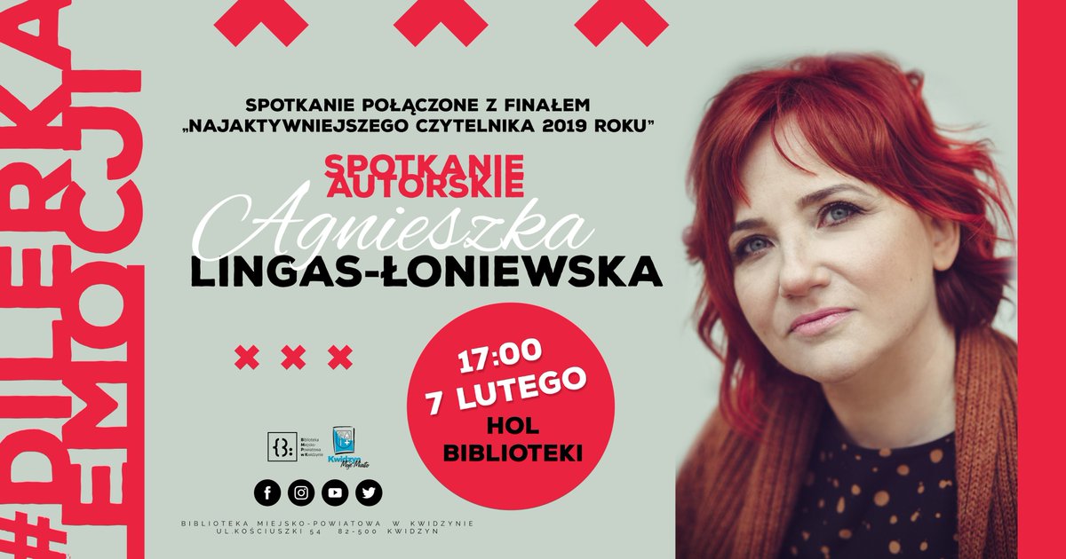7 lutego o 17:00 odbędzie się spotkanie autorskie z Agnieszką Lingas-Łoniewską, które połączone będzie z rozdaniem nagród "Najaktywniejszym Czytelnikom 2019 roku"