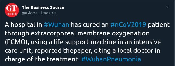 La  #Chine annonce qu'un hôpital de  #Wuhan a guéri un patient atteint du  #nCoV2019 par oxygénation extracorporelle par membrane (ECMO), à l'aide d'une machine de maintien en vie dans une unité de soins intensifs, selon un médecin local. #Coronavirus  #WuhanPneumonia