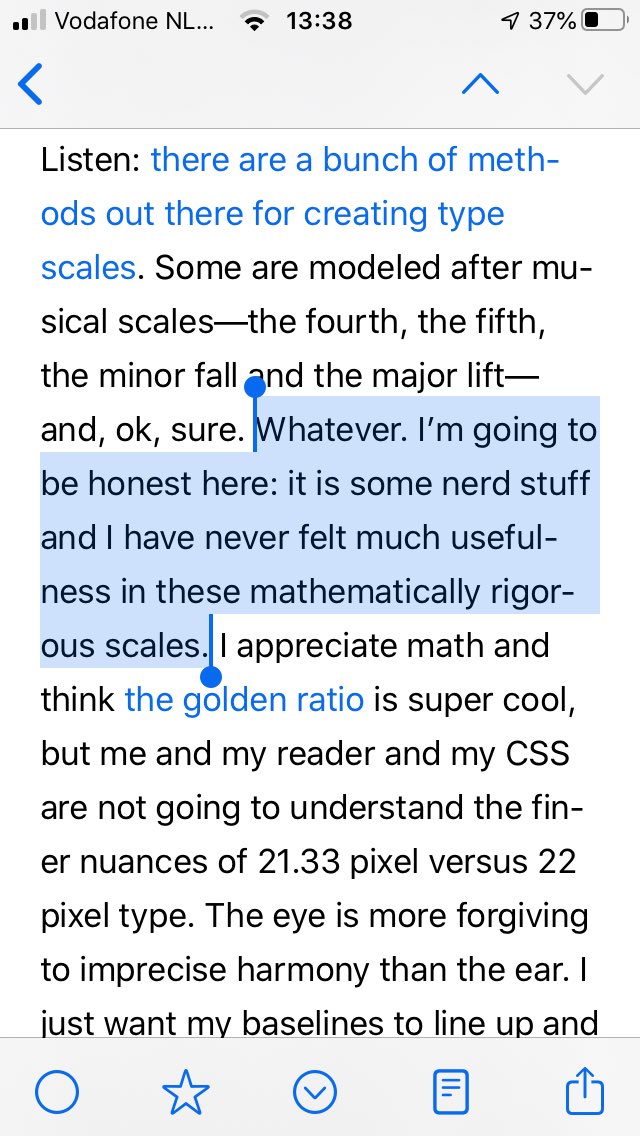 Screenshot of article about font size scales by Frank Chimero, with the following highlighted: “Whatever. I’m going to be honest here: it is some nerd stuff and I have never felt much usefulness in these mathematically rigorous scales.”